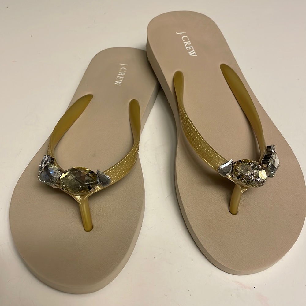 J. Crew Tan/Gold with Rhinestone Jewels Flip Flops. Size-6. Preowned.